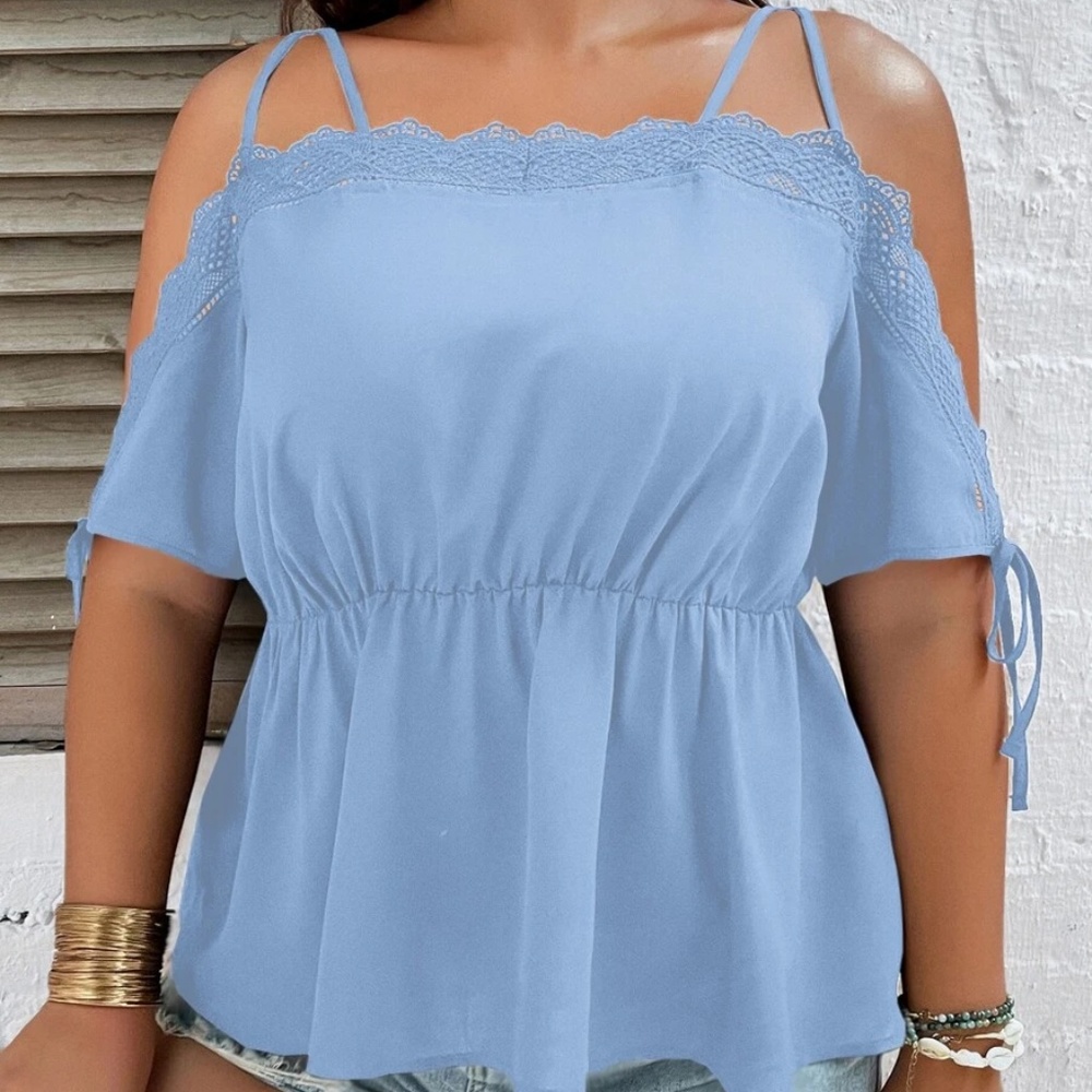 Plus Cold Shoulder Lace Blouse Navy Blue - Picture 9 of 14